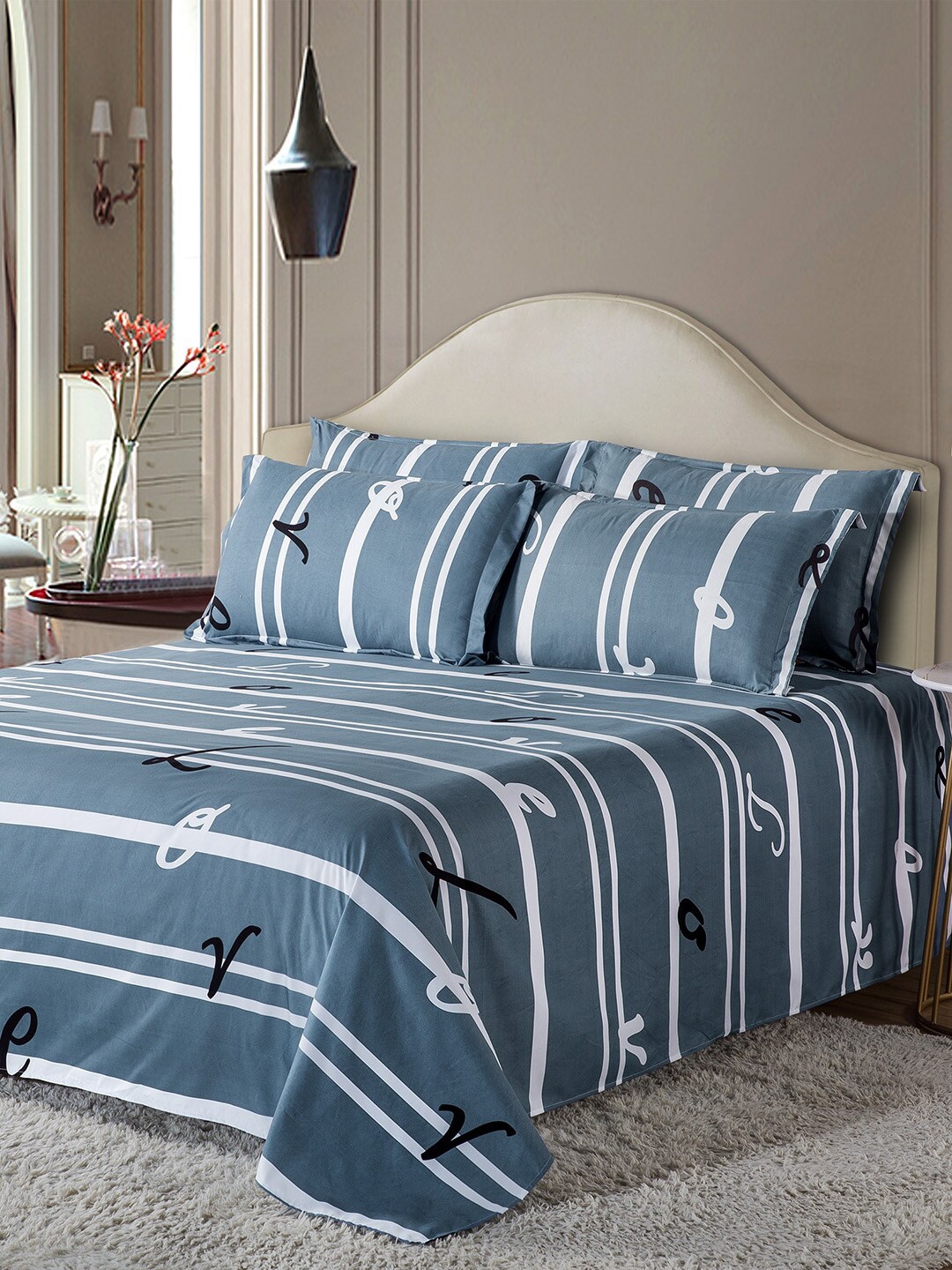 JC Collection Blue & White Striped Double King Bedding Set Price in India