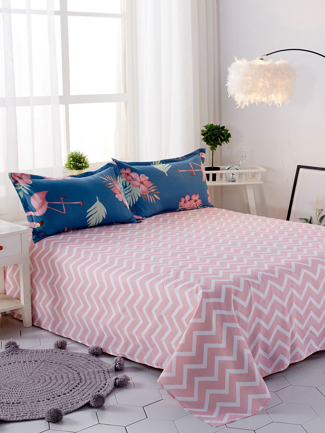 JC Collection Navy Blue & Pink Printed Double Queen Bedding Set Price in India