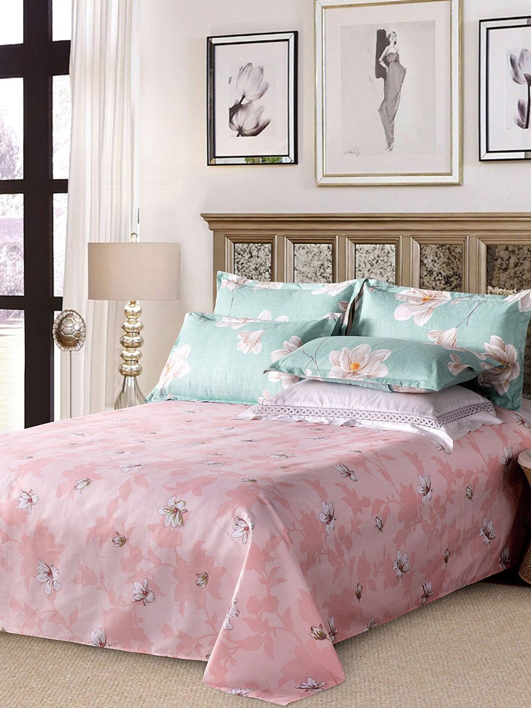 JC Collection Green & Pink Floral Printed Single Bedding Set Price in India