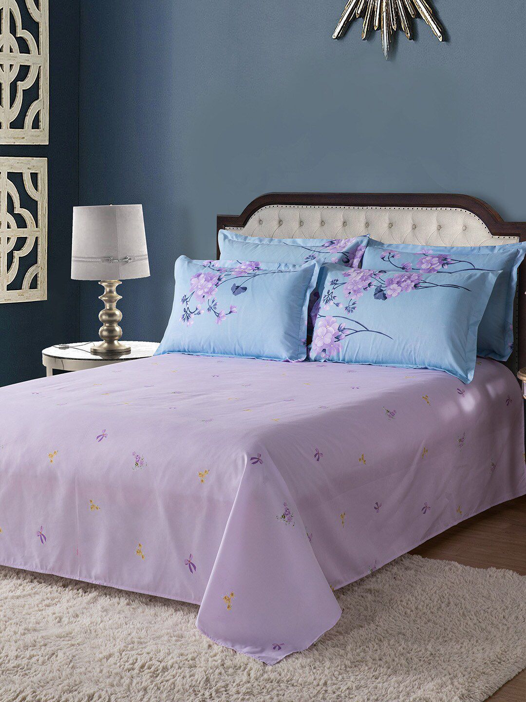 JC Collection Blue & Purple Floral Printed Double Queen Bedding Set With Quilt Cover Price in India