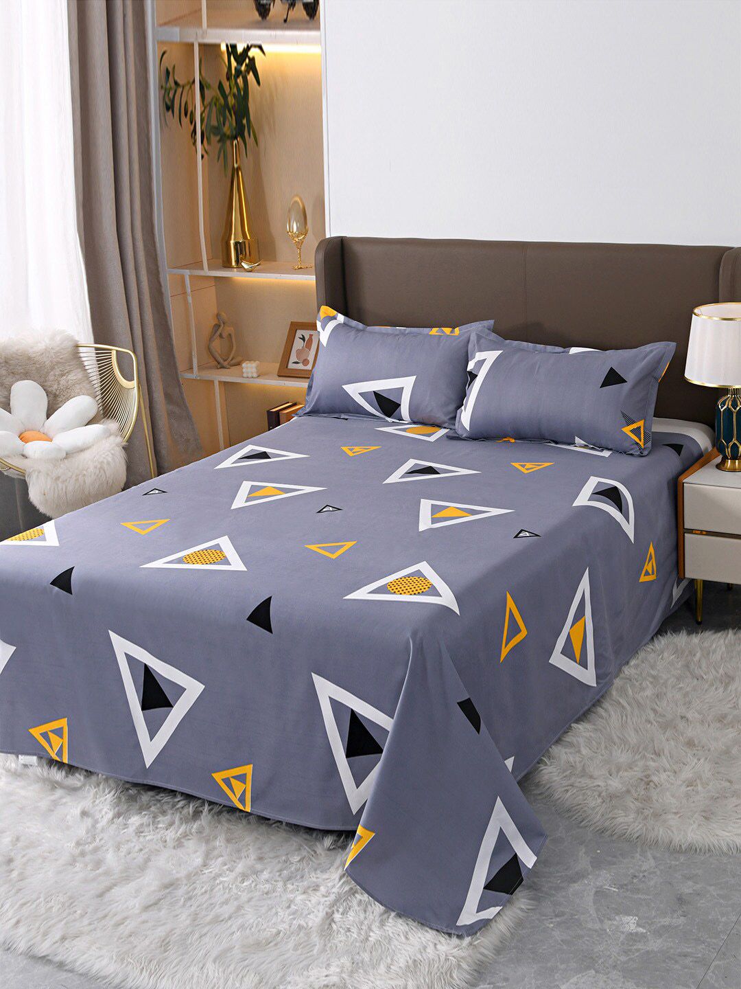 JC Collection Grey & White Printed Double Queen Bedding Set With 2 Pillow Covers & Quilt Cover Price in India