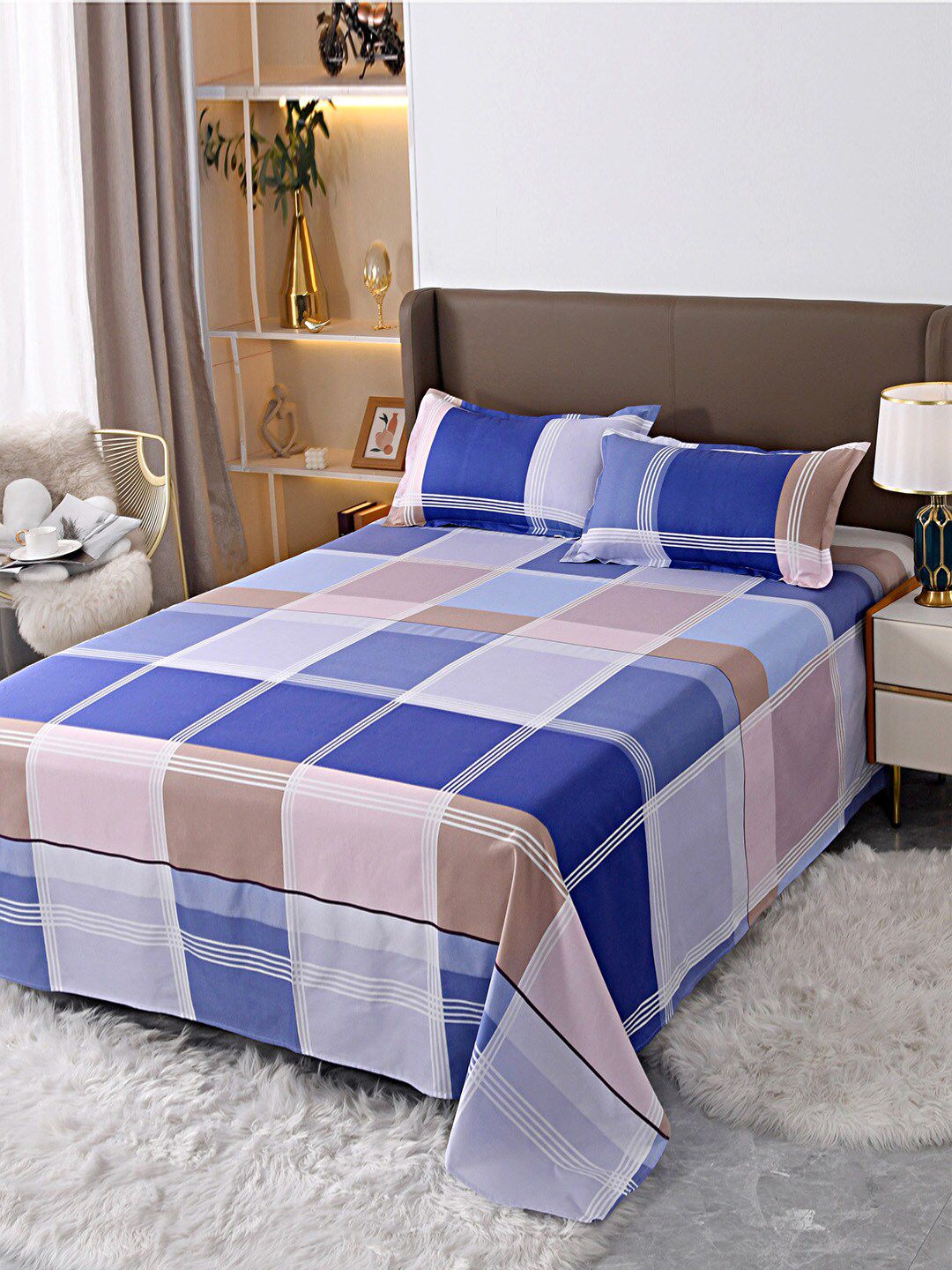JC Collection Blue & White Checked Double King Bedding Set Price in India