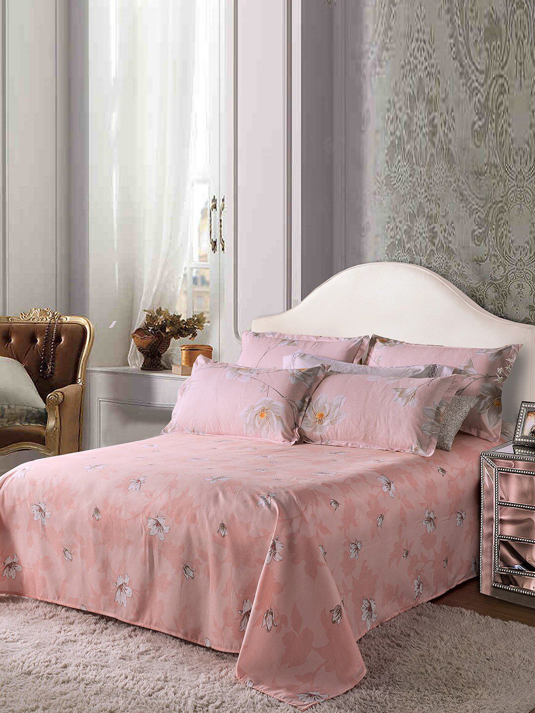 JC Collection Pink & Beige Printed Double Queen Bedding Set Price in India
