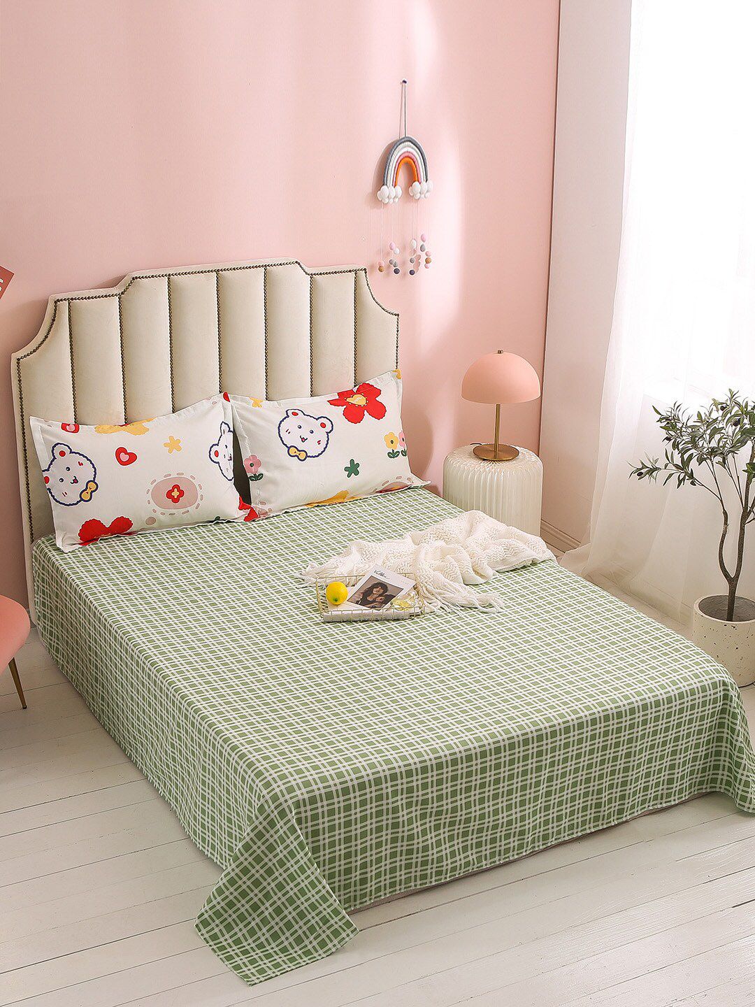 JC Collection Green Checked Single Bedding Set With 2 Pillow Covers & Quilt Cover Price in India