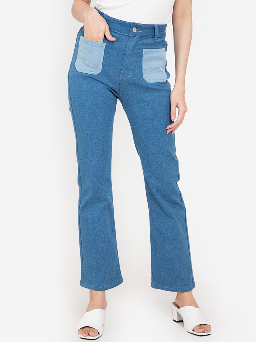 ZALORA BASICS Women Blue Flared Contrast Pocket High-Rise Jeans Price in India