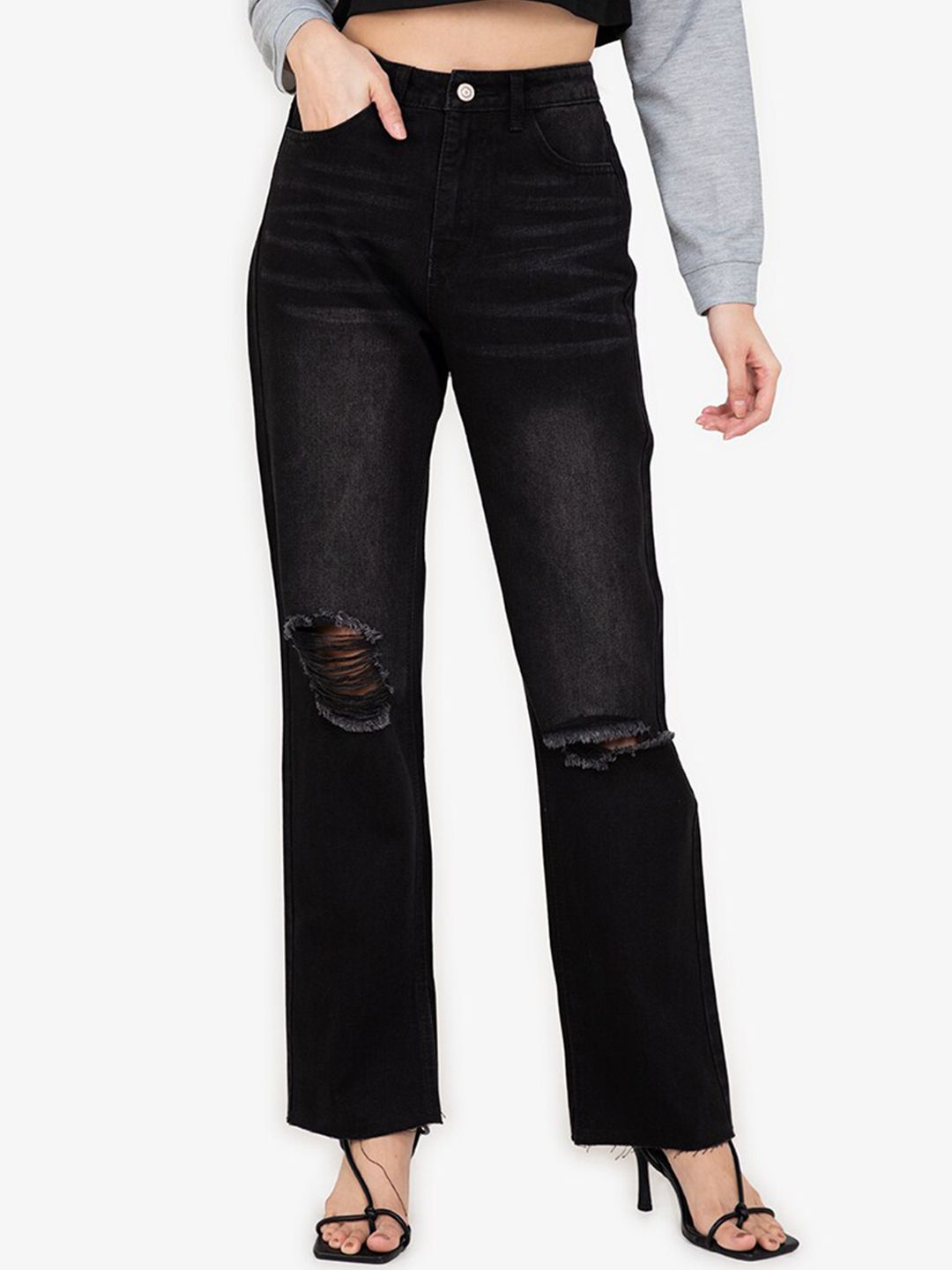 ZALORA BASICS Women Black Bootcut High-Rise Slash Knee Light Fade Jeans Price in India