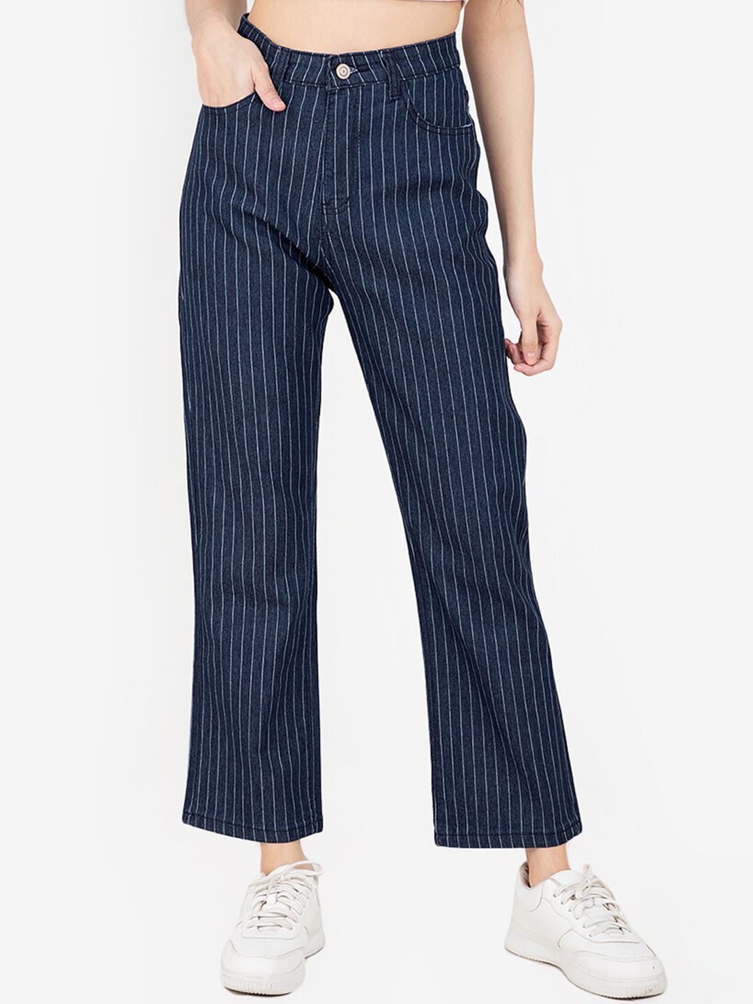 ZALORA BASICS Women Blue High-Rise Striped Jeans