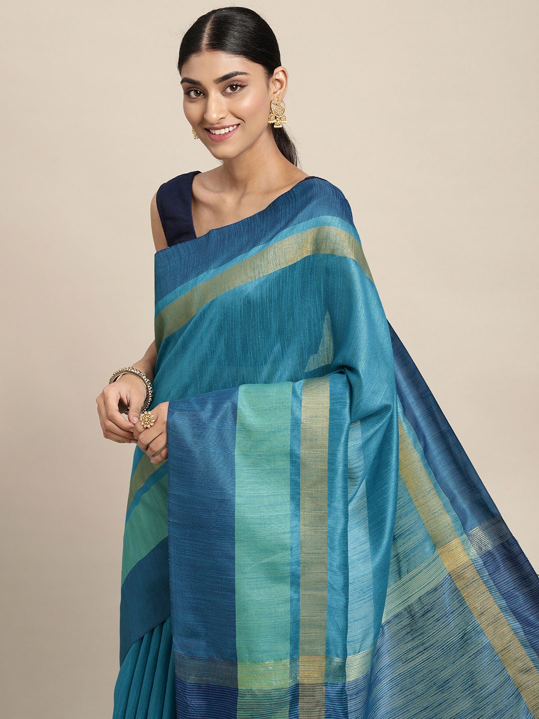 Mitera Turquoise Blue Silk Blend Saree With Contrast Pallu Price in India