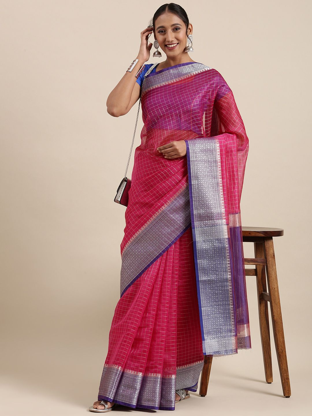 PERFECTBLUE Pink Checked Zari Silk Blend Saree Price in India