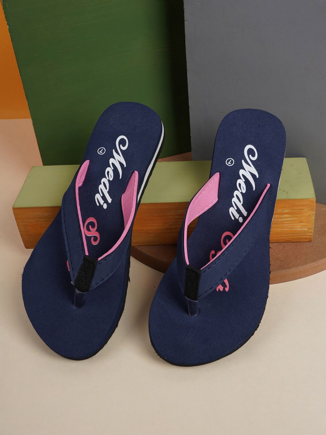 Walkfree Women Navy Blue & White Rubber Slip-On Price in India