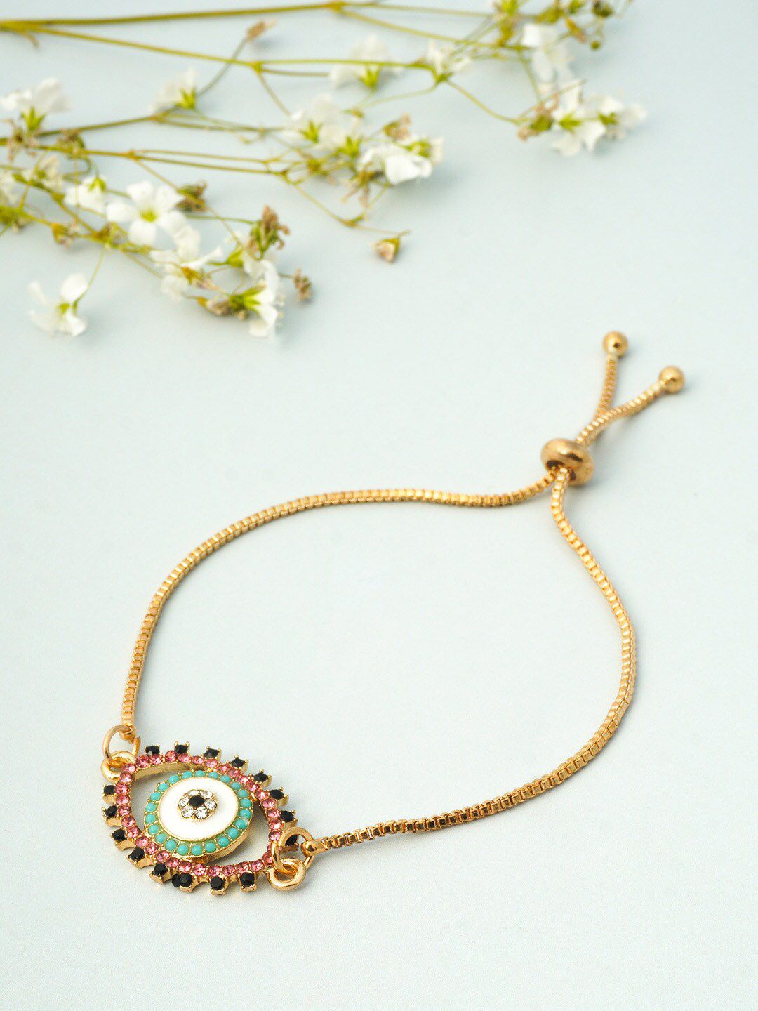 Ferosh Women Gold-Toned & Green Evil Eye Chain Bracelet Price in India