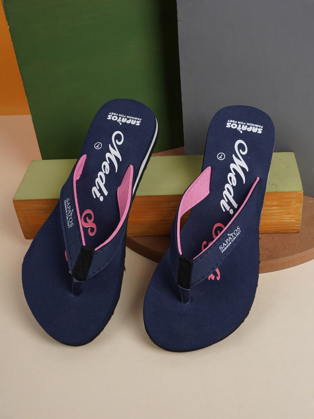 SAPATOS Women Navy Blue Printed Rubber Thong Flip-Flops Price in India