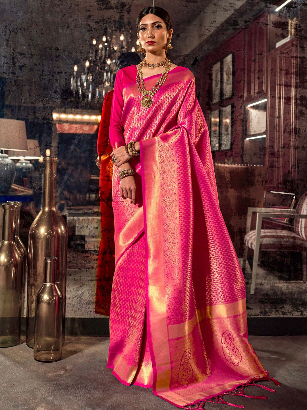 Mitera Pink & Golden Ethnic Motifs Zari Silk Blend Kanjeevaram Saree Price in India