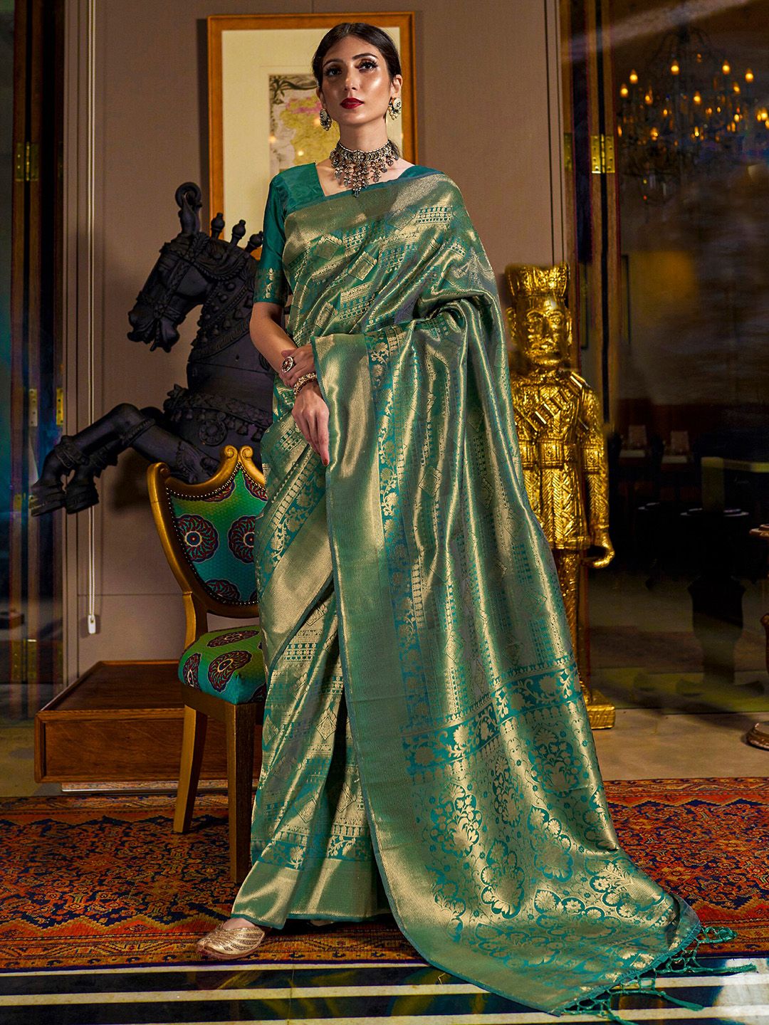 Mitera Teal & Gold-Toned Woven Design Zari Silk Blend Kanjeevaram Saree Price in India