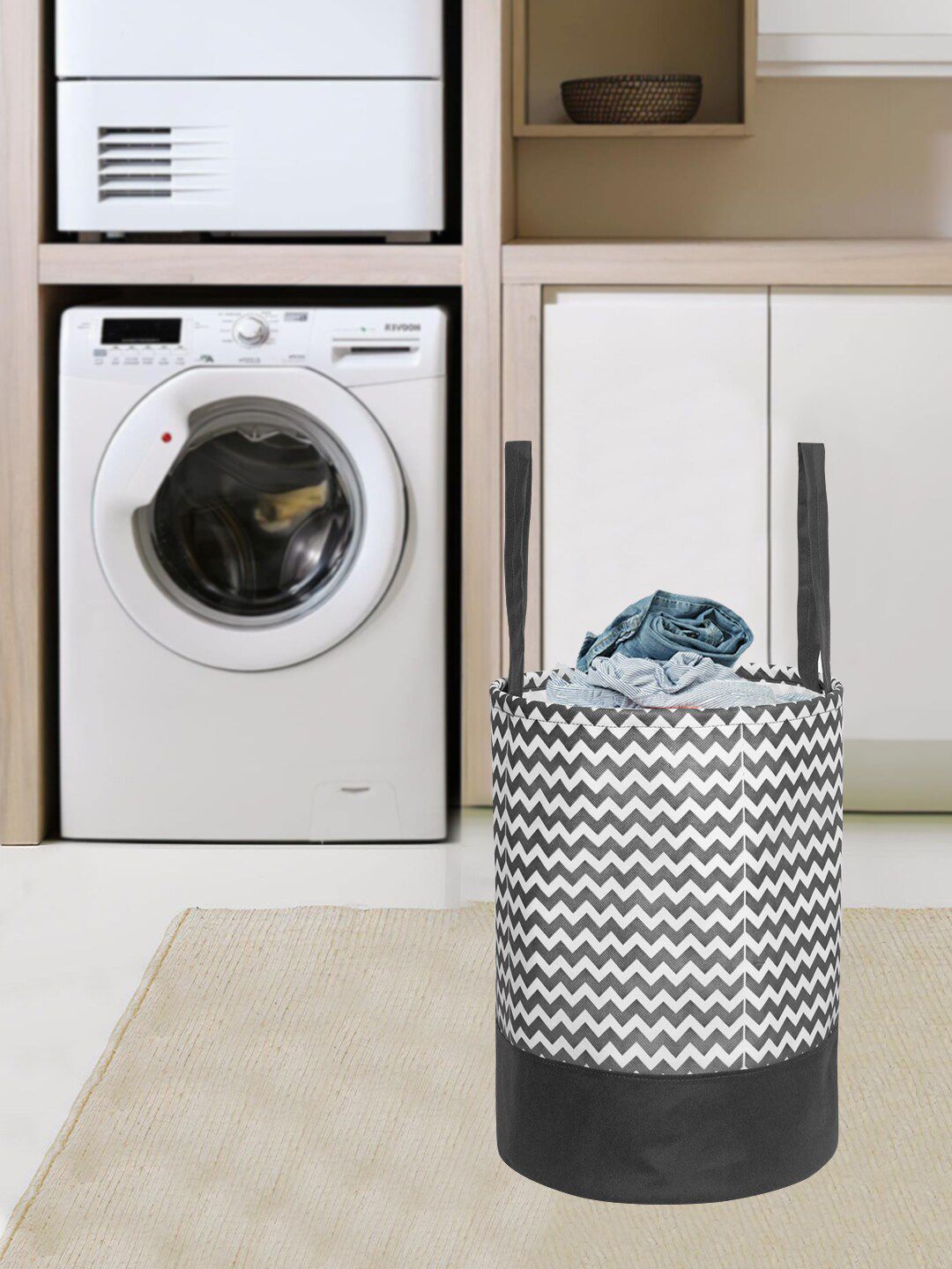 Prettykrafts Black Printed Round Foldable Laundry Basket Price in India