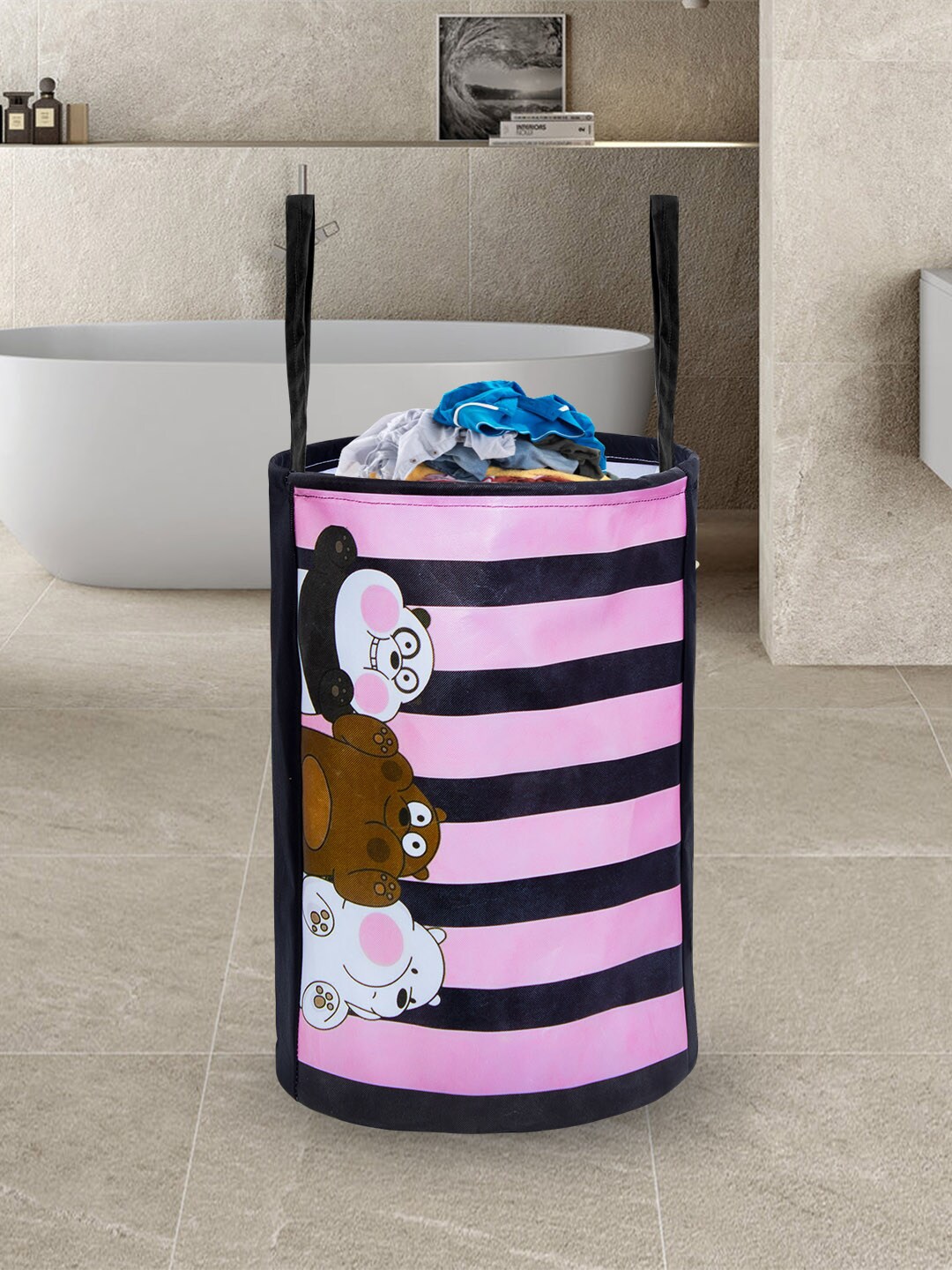 prettykrafts Pink & Black Printed Foldable Round Laundry Bag Price in India