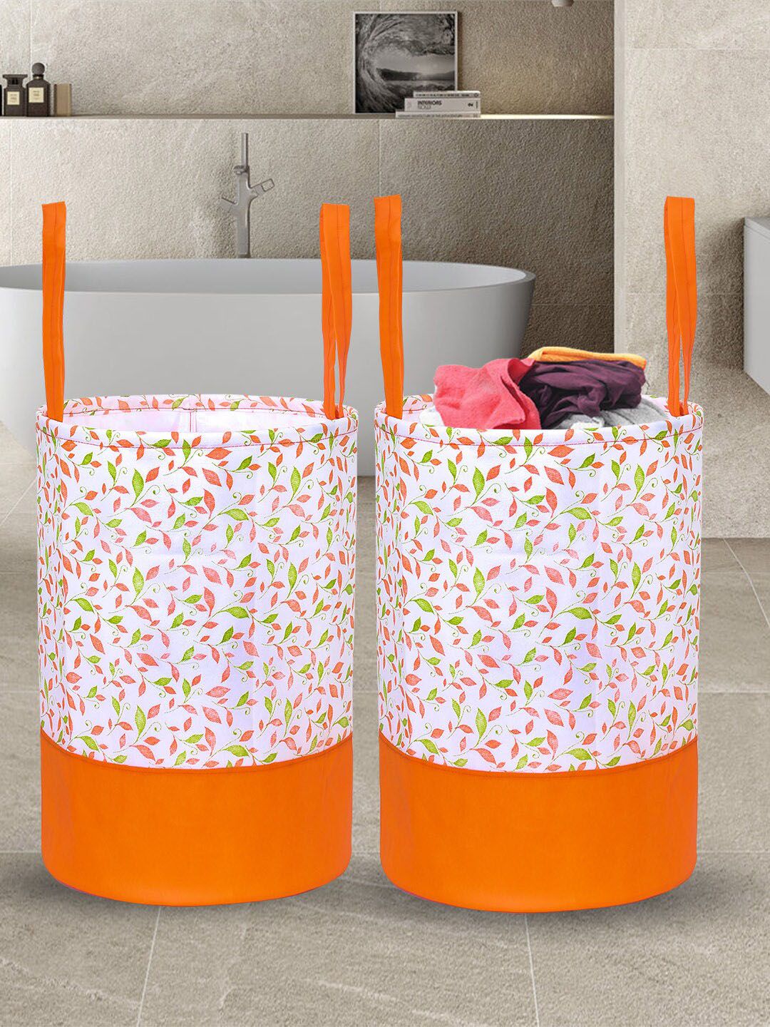 prettykrafts Orange & White Set of 2 Printed Round Foldable Laundry Baskets Price in India