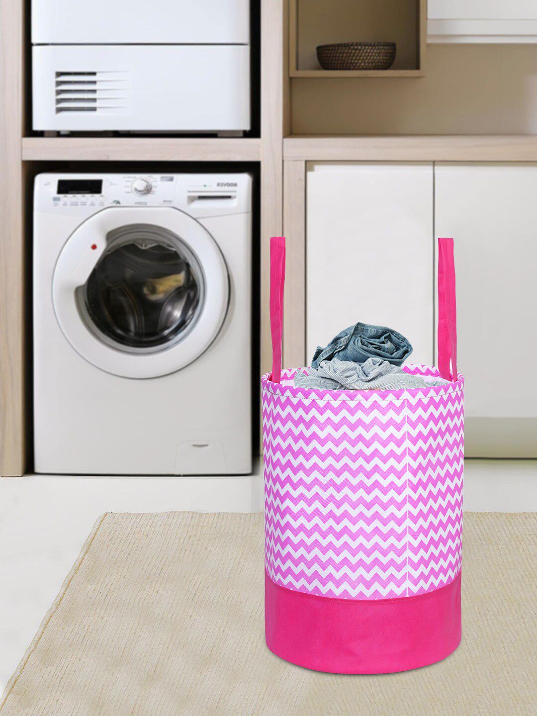 prettykrafts Pink & White Printed Round Foldable Laundry Basket Price in India