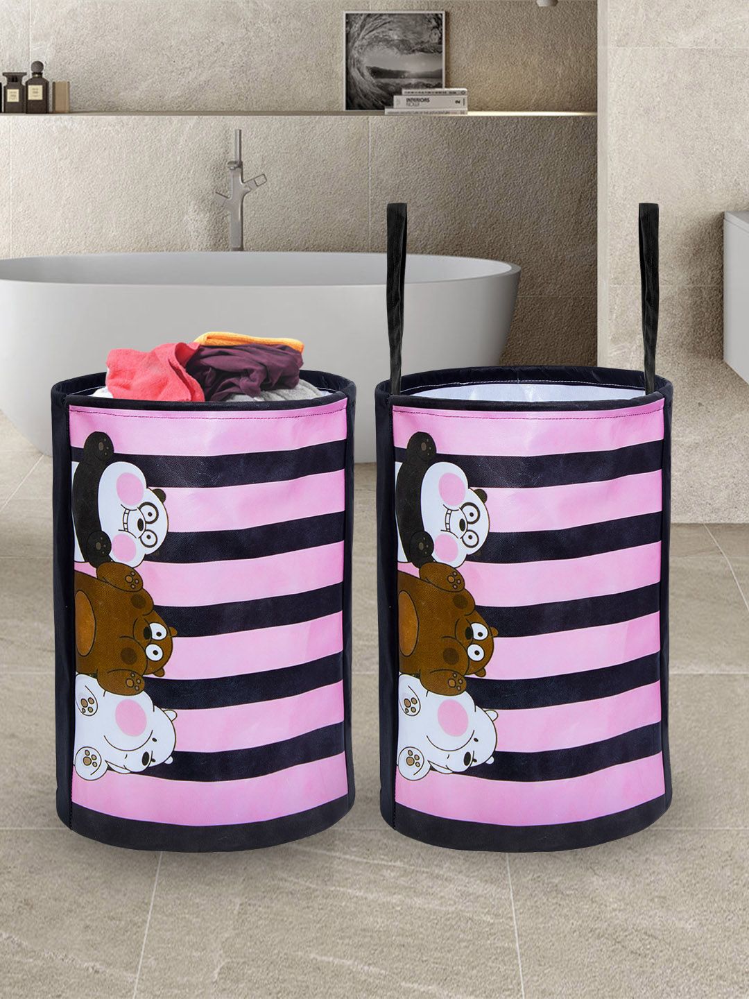 prettykrafts Set of 2 Pink & Black Printed Round Laundry Bags Price in India