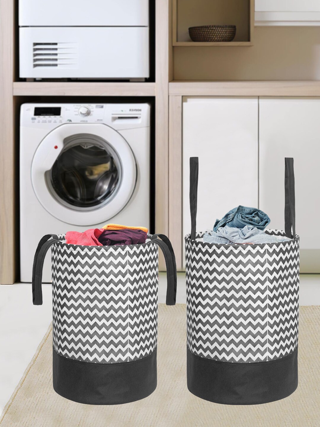 prettykrafts Black & White Set of 2 Round Foldable Laundry Baskets Price in India