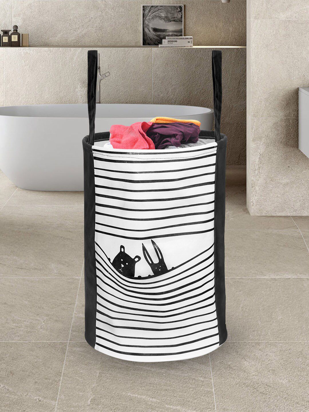 prettykrafts Black & White Striped Printed Foldable Round Laundry Bag Price in India