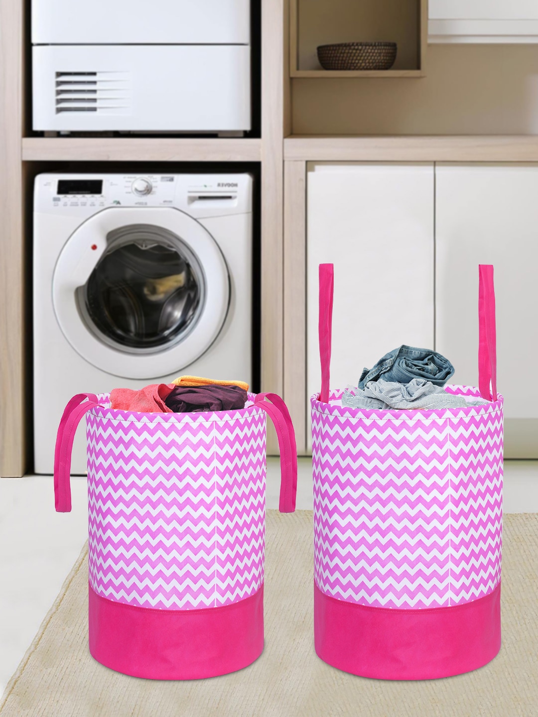 prettykrafts Set of 2 Wave Pink Round Laundry Basket Price in India