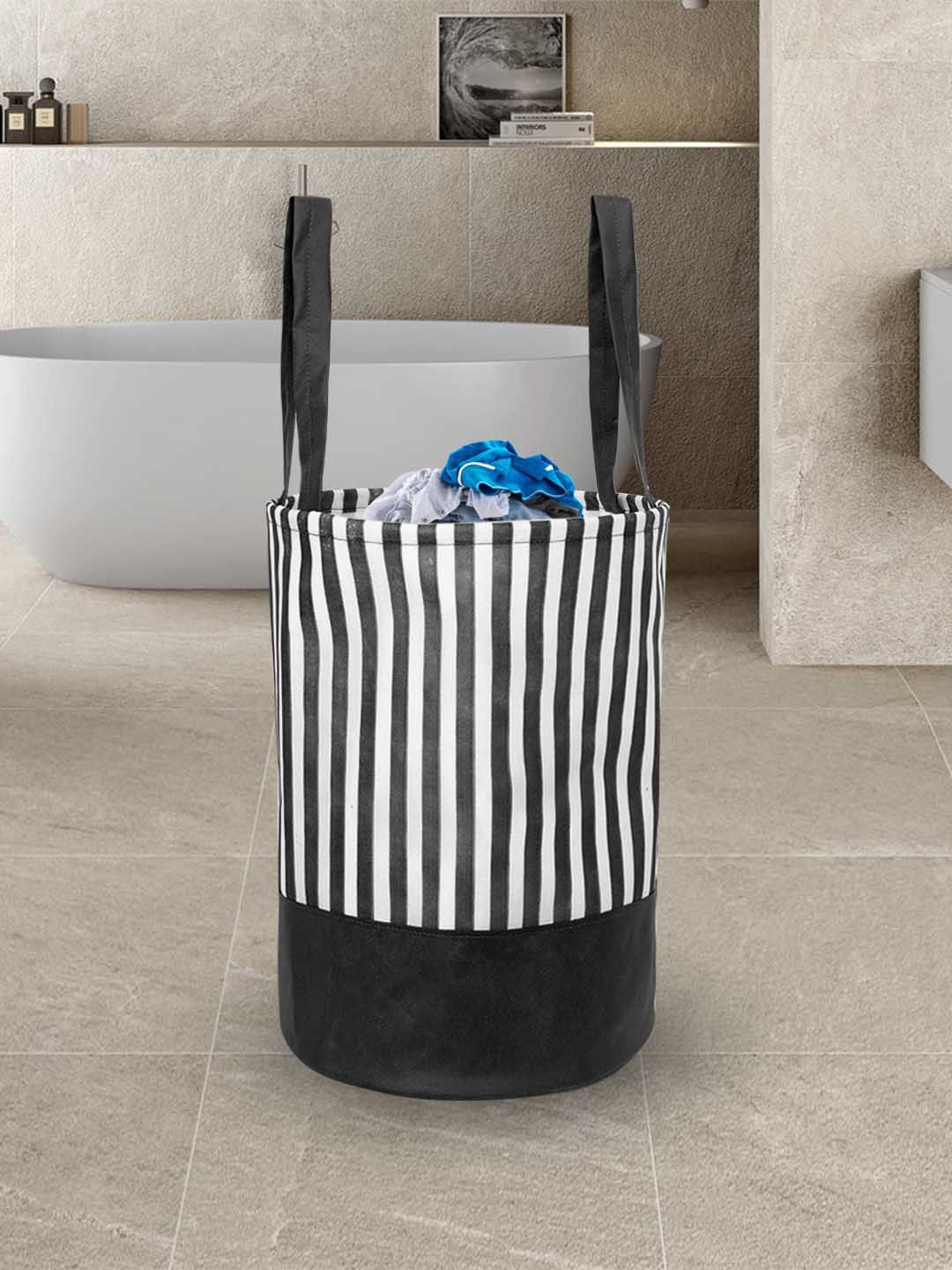 prettykrafts Set of 2 Stripes Black Round Laundry Basket Price in India