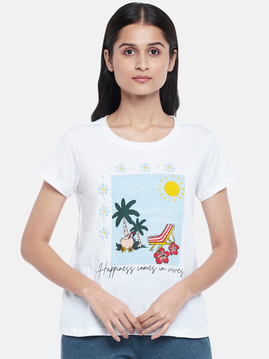 Dreamz by Pantaloons Women White Typography Printed Short Sleeves Lounge T-shirt Price in India