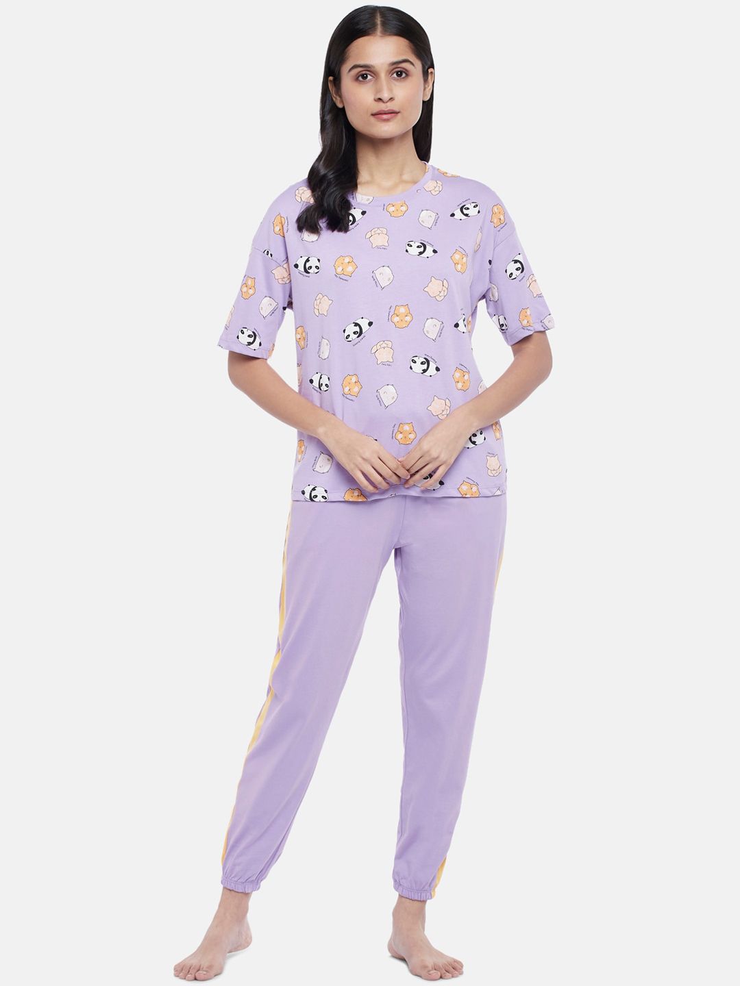 Dreamz by Pantaloons Women Lavender & White Pure Cotton Night suit Price in India