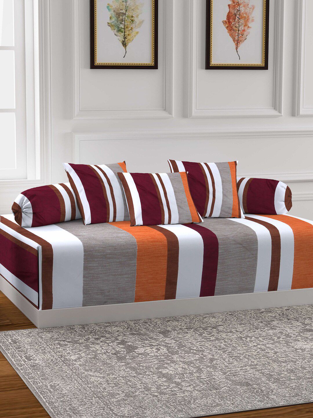 Arrabi Set of 6 White & Orange Striped Cotton Diwan Set Price in India