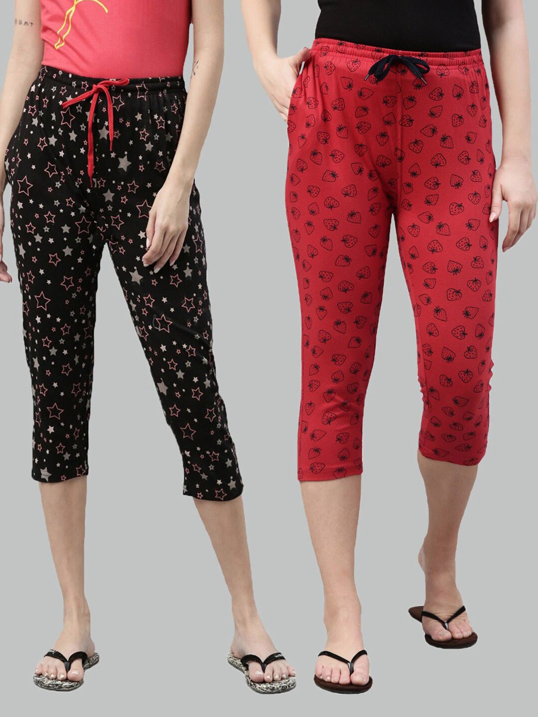 Kryptic Women Black & Red Printed Set of 2 Capri Lounge Pants Price in India