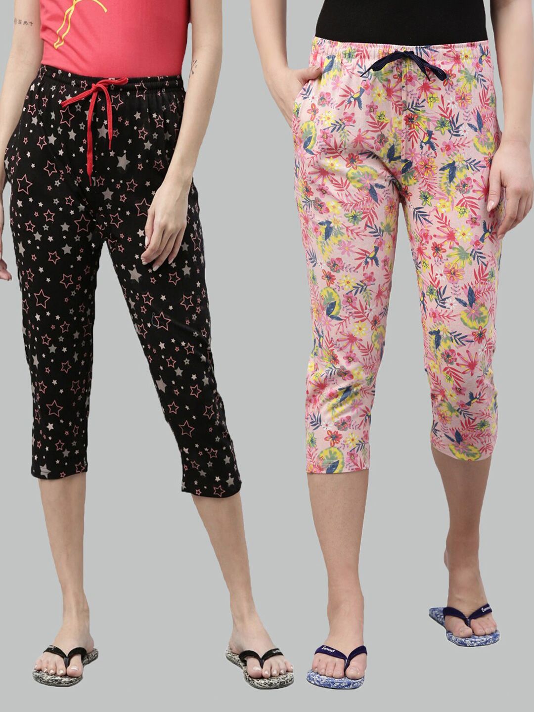Kryptic Women Black & Pink Printed Set of 2 Capri Lounge Pants Price in India