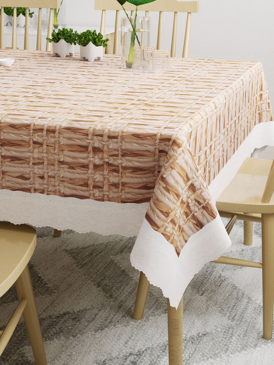DREAM WEAVERZ Beige Printed 6-Seater Dining Table Cover Price in India