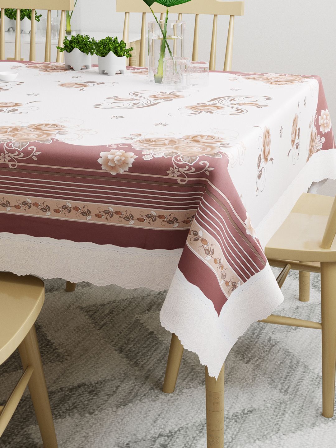 DREAM WEAVERZ White & Rusty Rose Floral Printed 6-Seater Table Cover Price in India