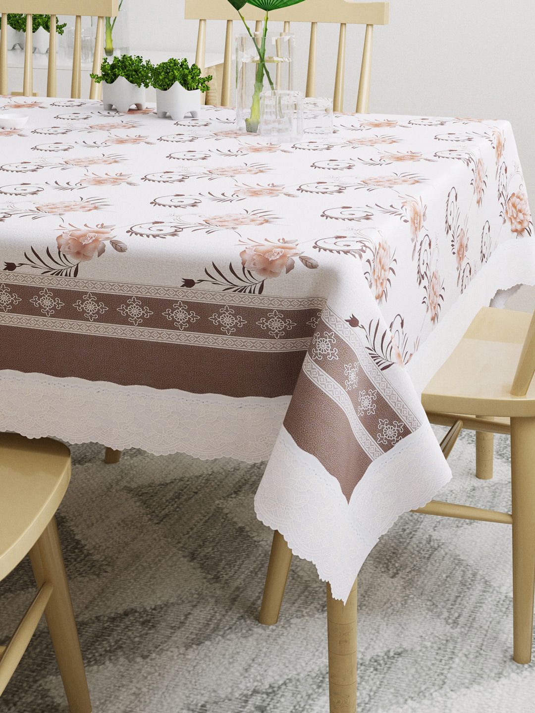 DREAM WEAVERZ White & Beige Printed 6 Seater Rectangular Table Cover Price in India