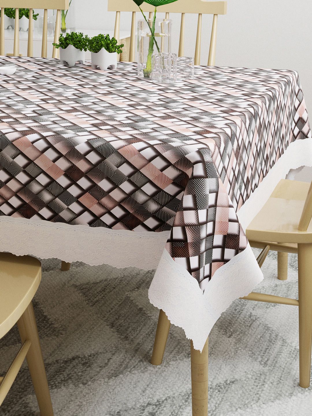 DREAM WEAVERZ Grey & White Printed 6 Seater Rectangular Table Cover Price in India