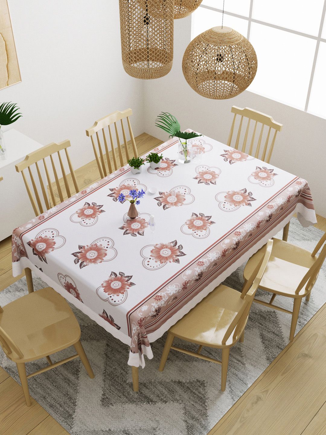 DREAM WEAVERZ White & Rust-Peach-Colored 6 Seater Floral Printed Dining Table Cover Price in India