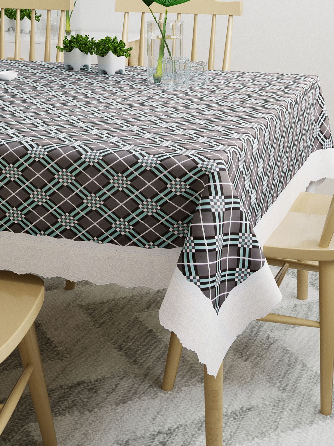 DREAM WEAVERZ Grey & Turquoise Blue Checkered 6 Seater Rectangle Dining Table Covers Price in India
