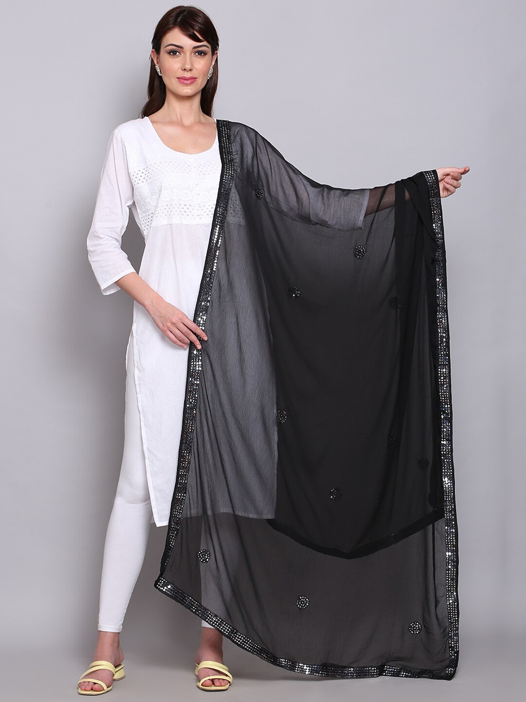 Miaz Lifestyle Black Embroidered Dupatta with Mirror Work Price in India