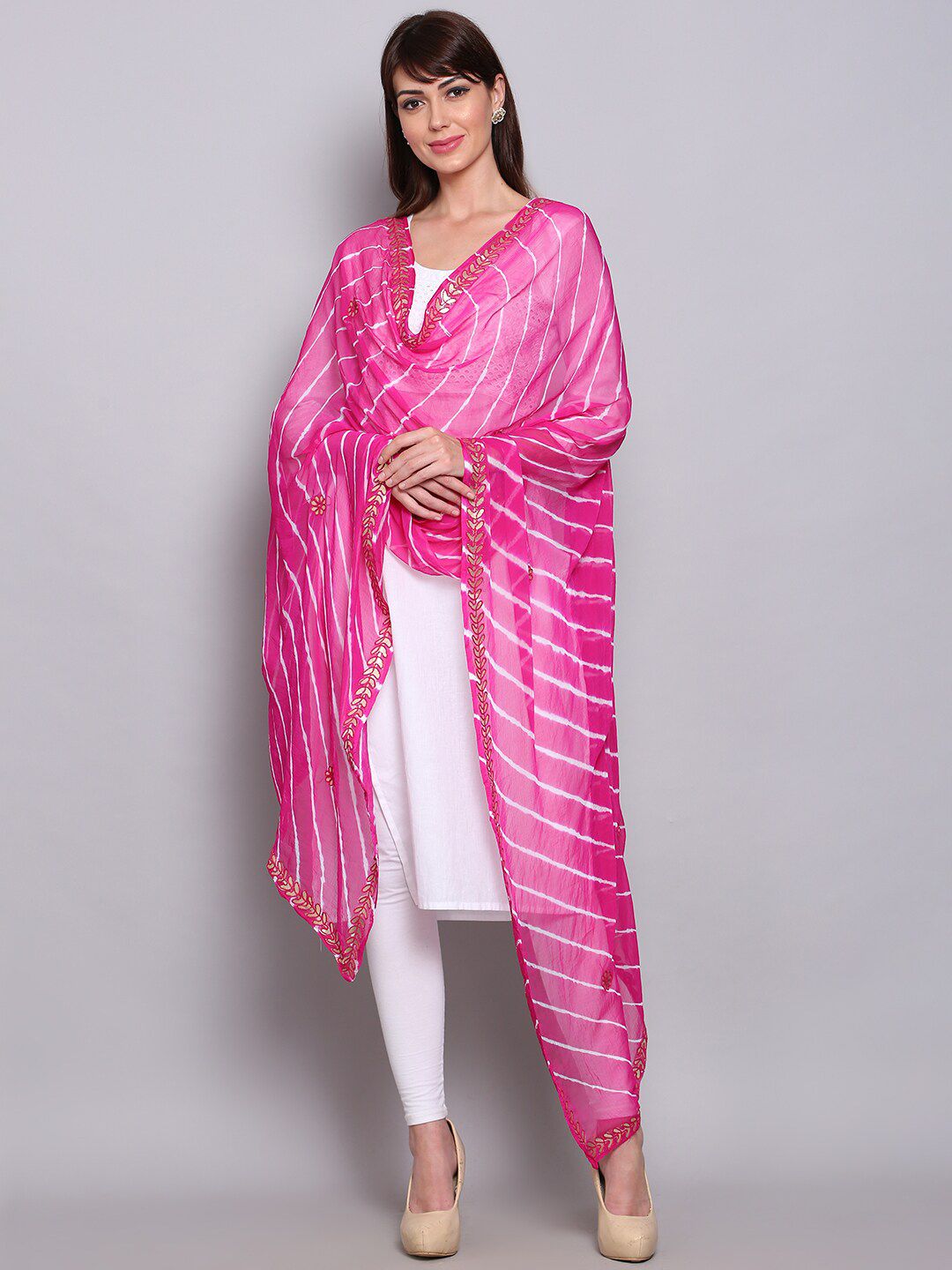 Miaz Lifestyle Magenta & White Checked Dupatta with Gotta Patti Price in India