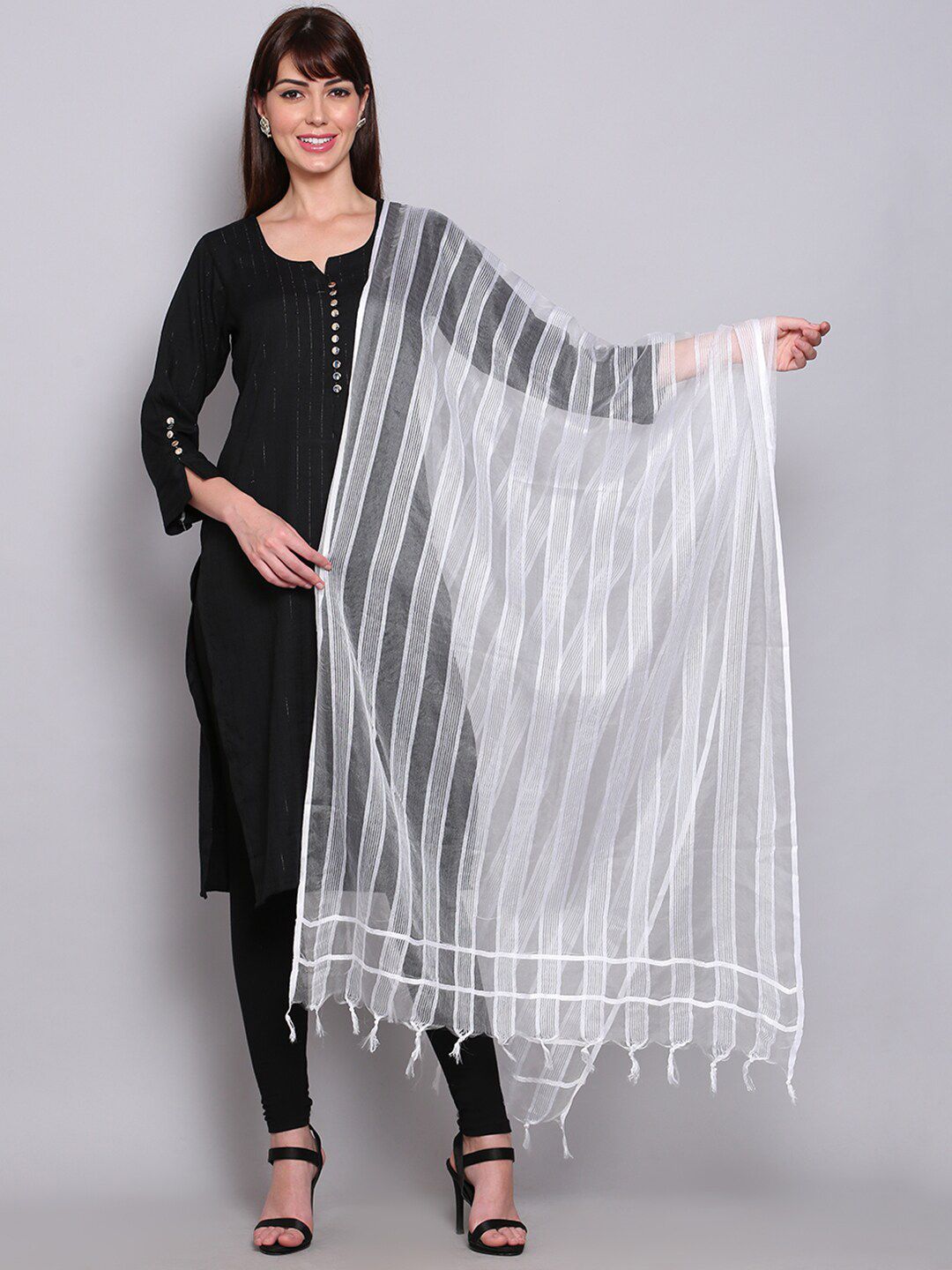 Miaz Lifestyle White Striped Art Silk Dupatta Price in India