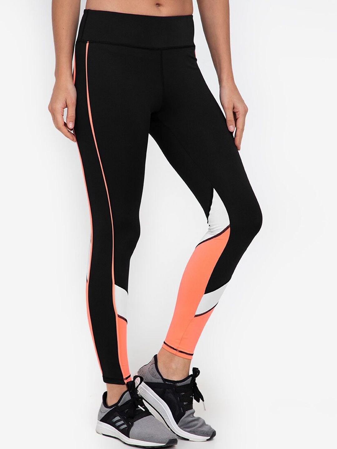 ZALORA ACTIVE Women Black & Peach Colourblocked High Waisted Tights Price in India