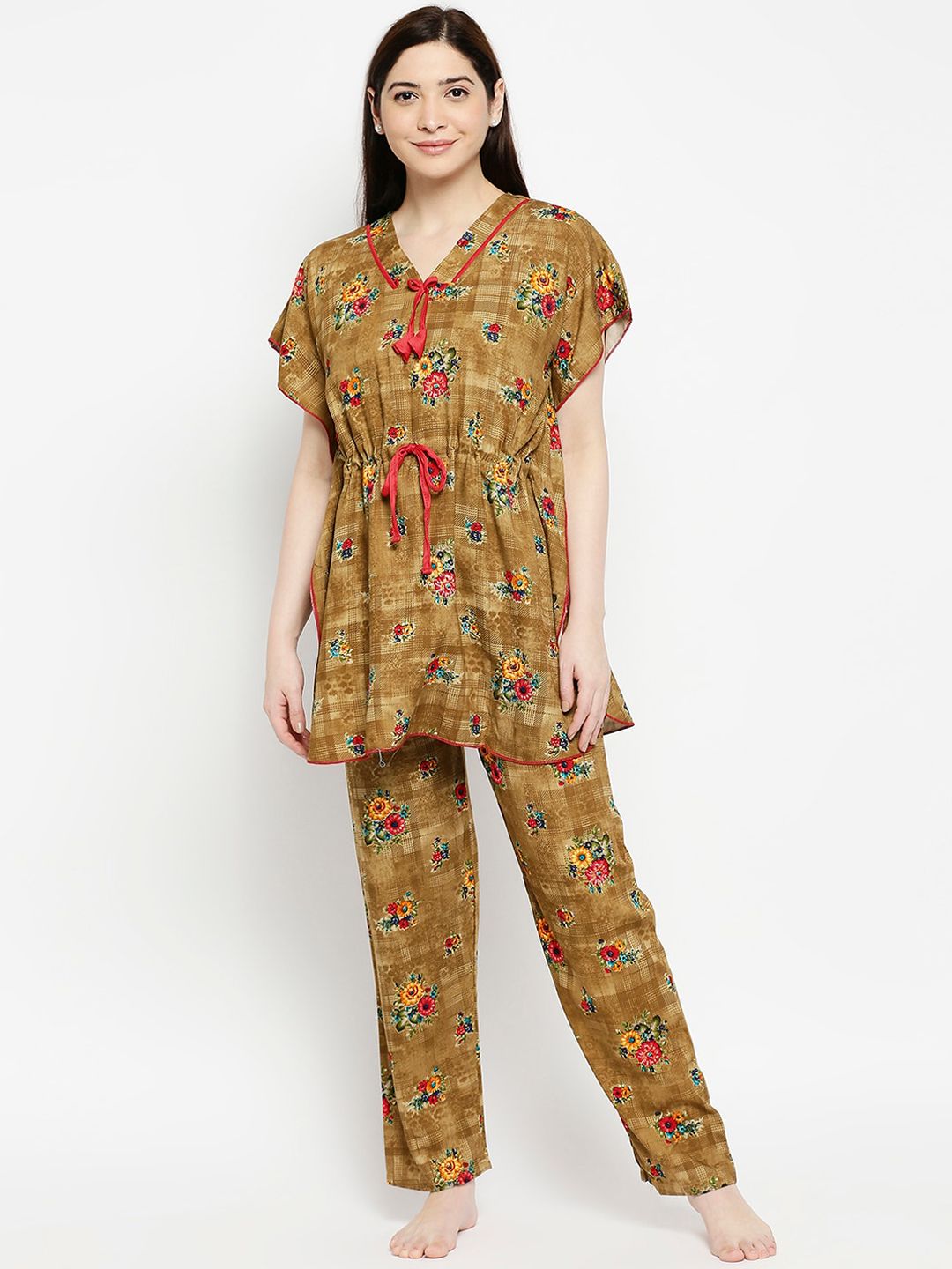 Pretty Awesome Women Mustard & Beige Printed Cotton Kaftan Night suit Price in India