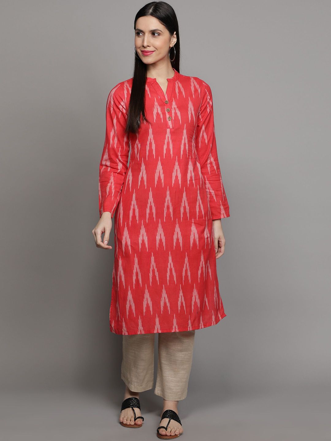 Cot'N Soft Women Red Ikat Pure Cotton Straight Kurta Price in India