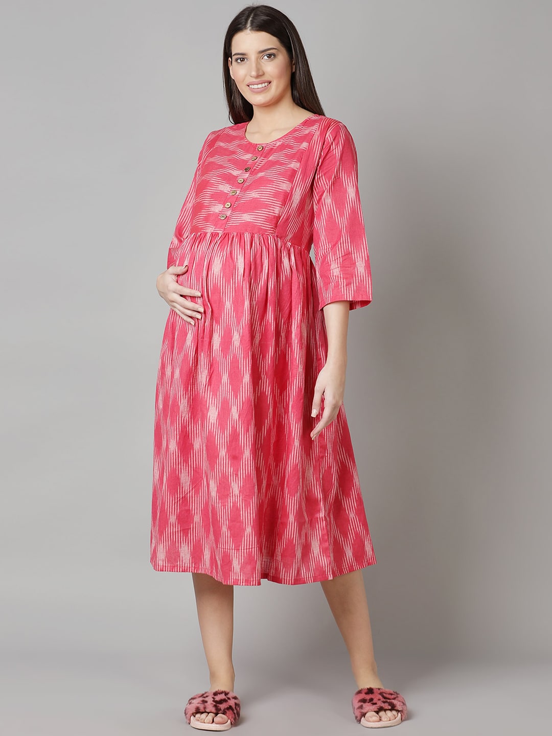 Cot'N Soft Pink Ikat Pure Cotton Maternity A-Line Midi Dress Price in India
