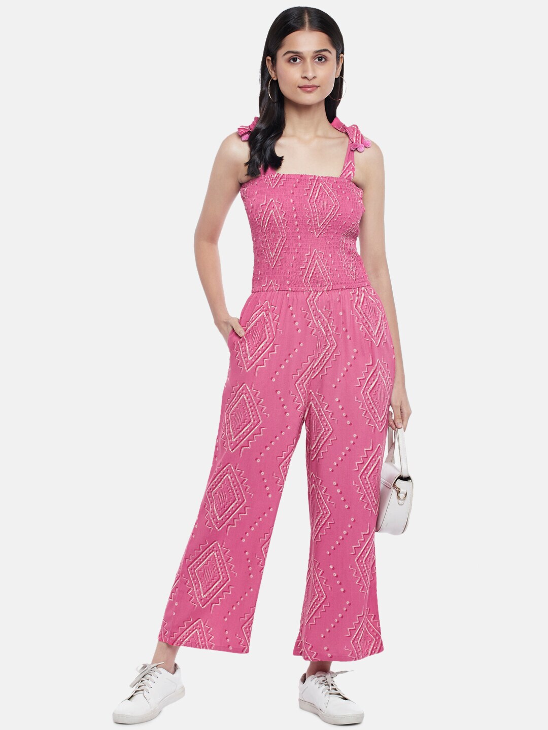People Pink & Off White Printed Smocked Basic Jumpsuit Price in India