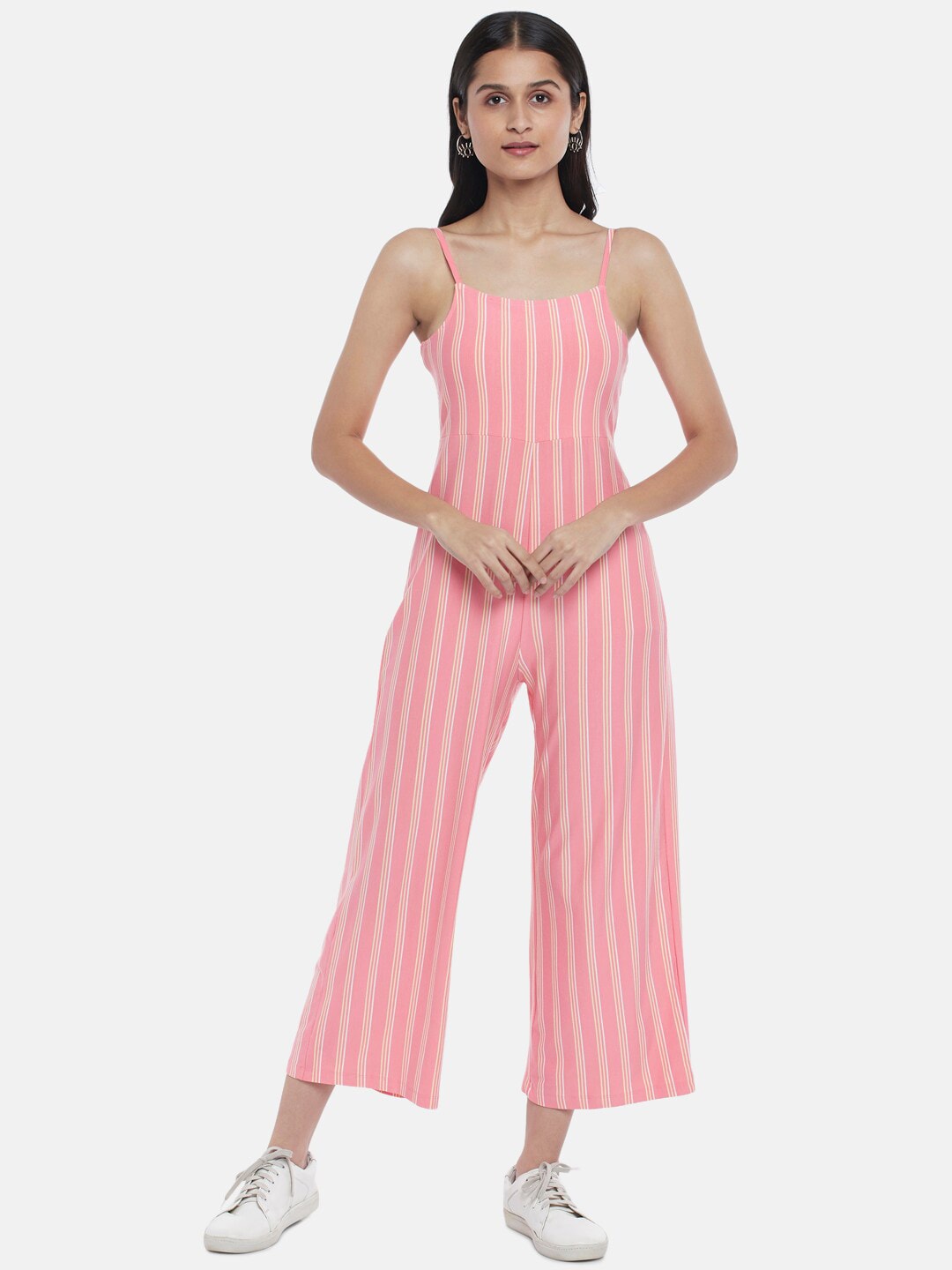 People Pink & White Striped Basic Jumpsuit Price in India