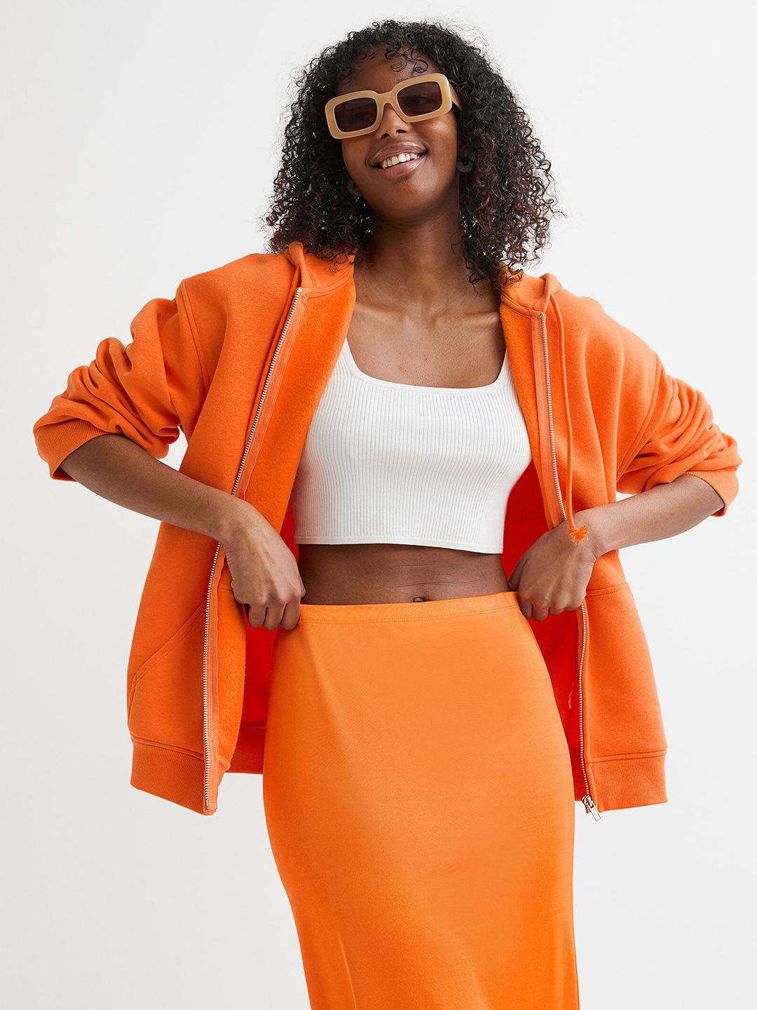 H&M Women Orange Solid Oversized Zip-Through Hoodie Price in India