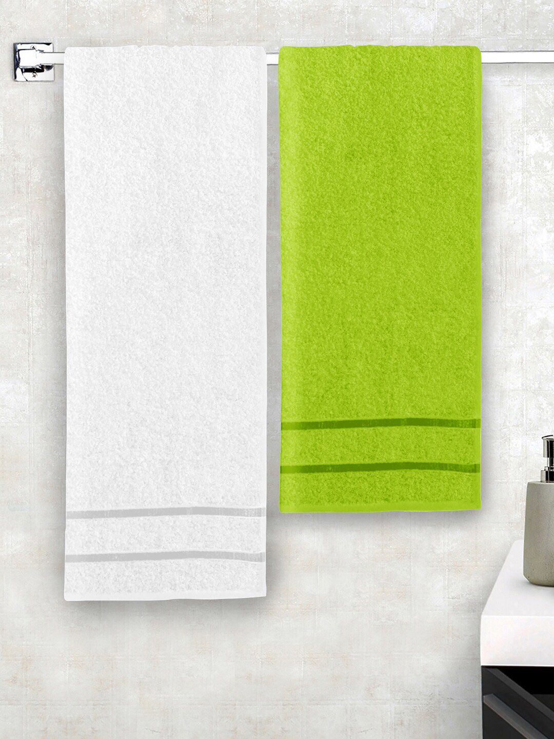 Story@home Green & White Set of 2 Solid Pure Cotton 450 GSM Bath Towels Price in India