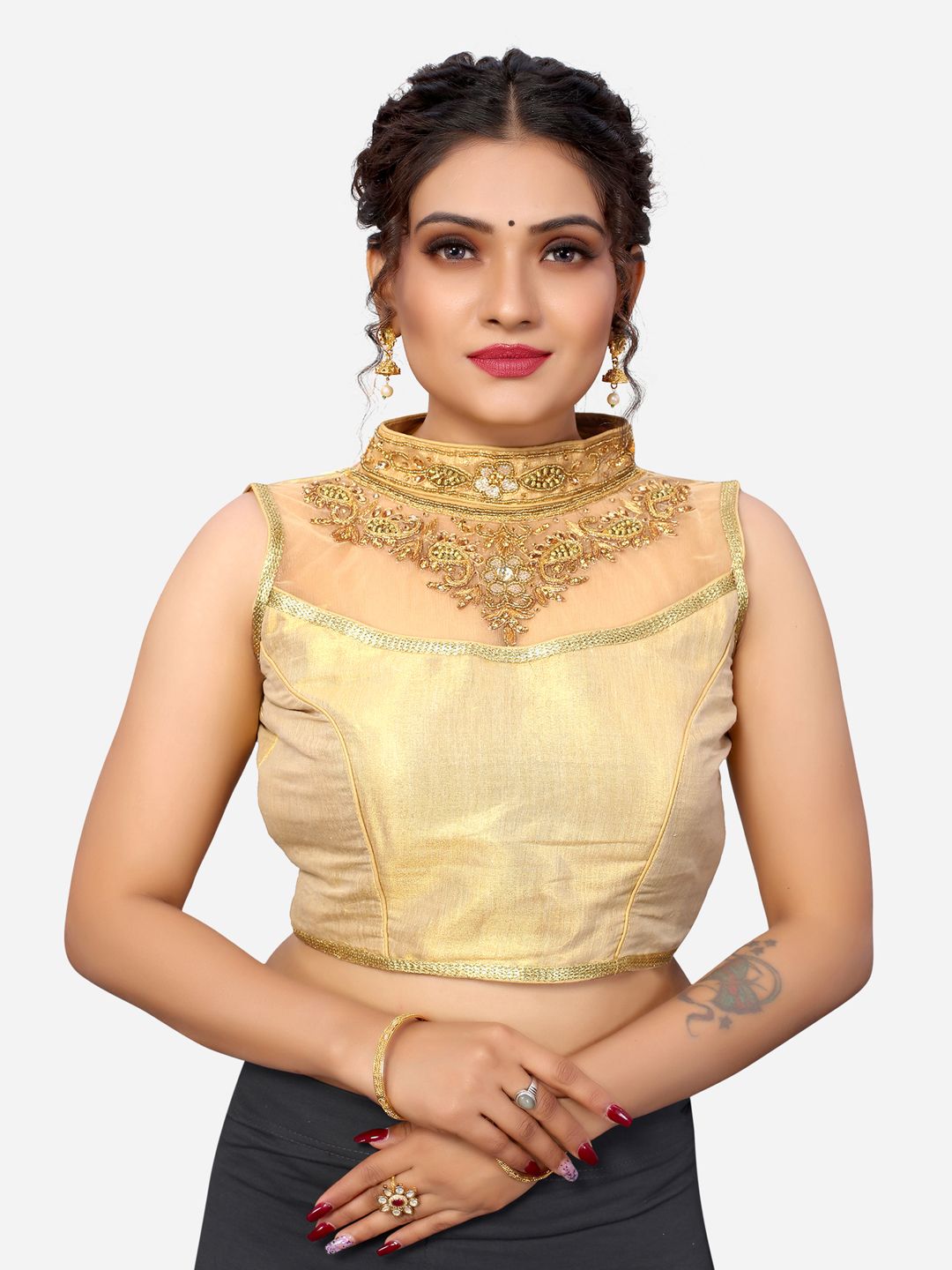 SIRIL Women Golden Embellished Silk Saree Blouse Price in India